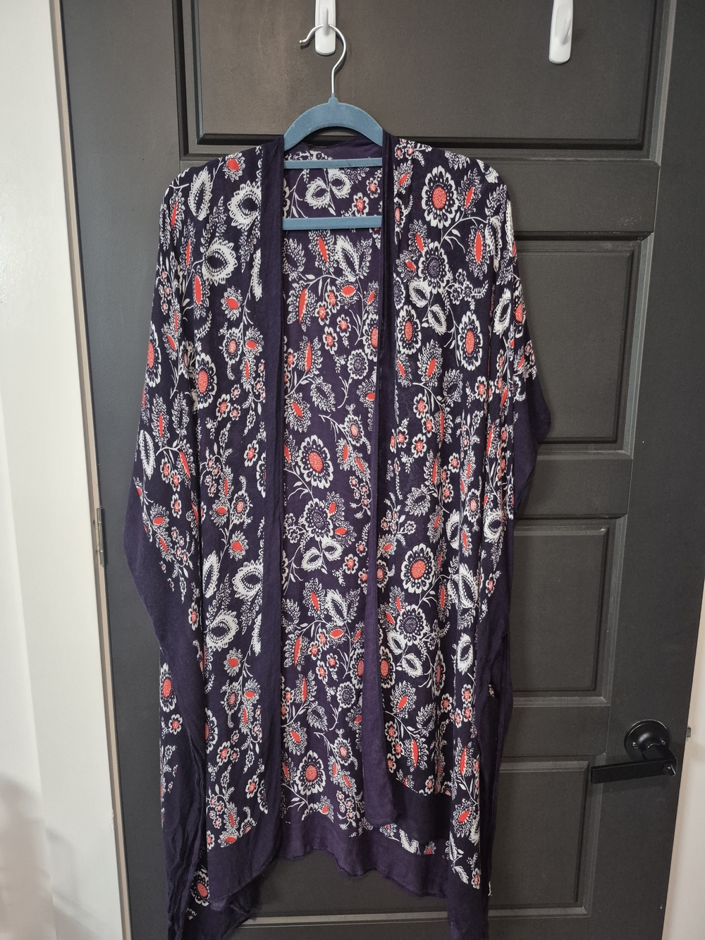 Floral Open-Front Knit Kimono - Navy with Red & White Floral Print